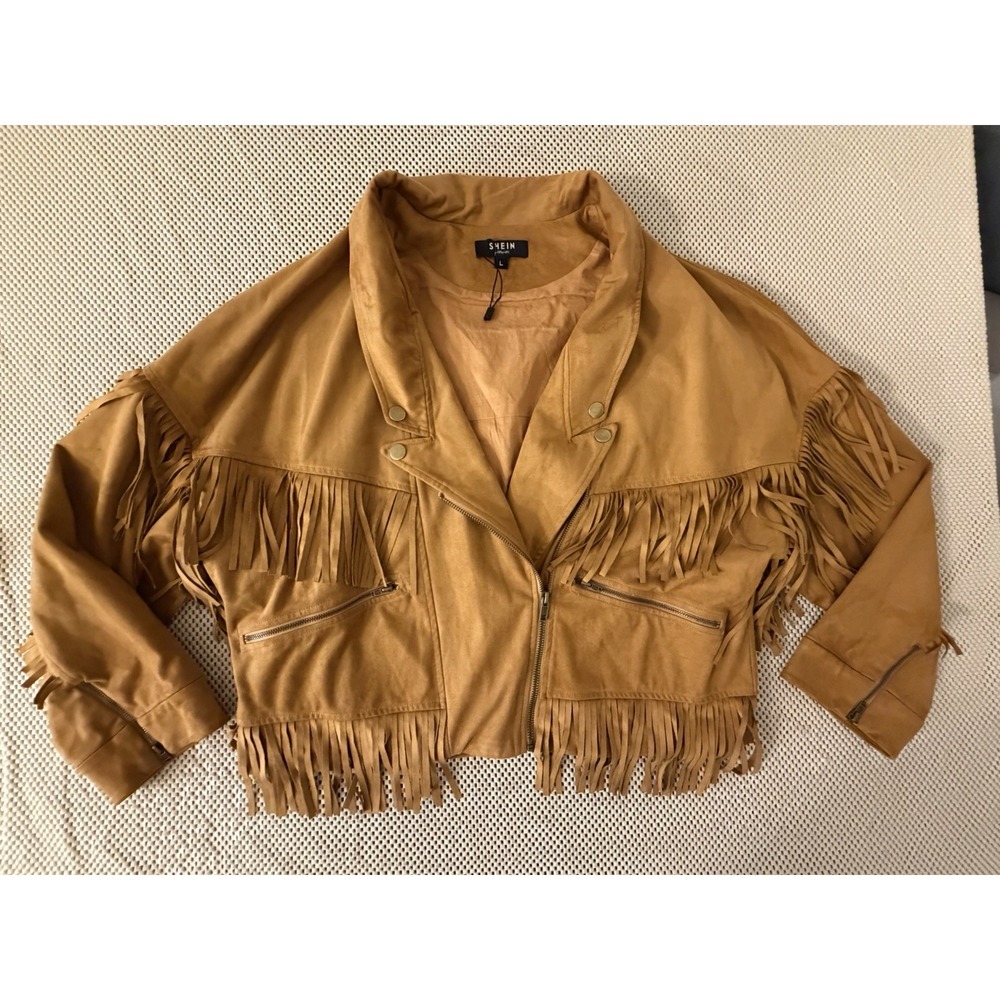 SHEIN Faux Leather Fringe Moto Jacket L/XL Western Grunge Cowgirl Festival Crop - Picture 7 of 12